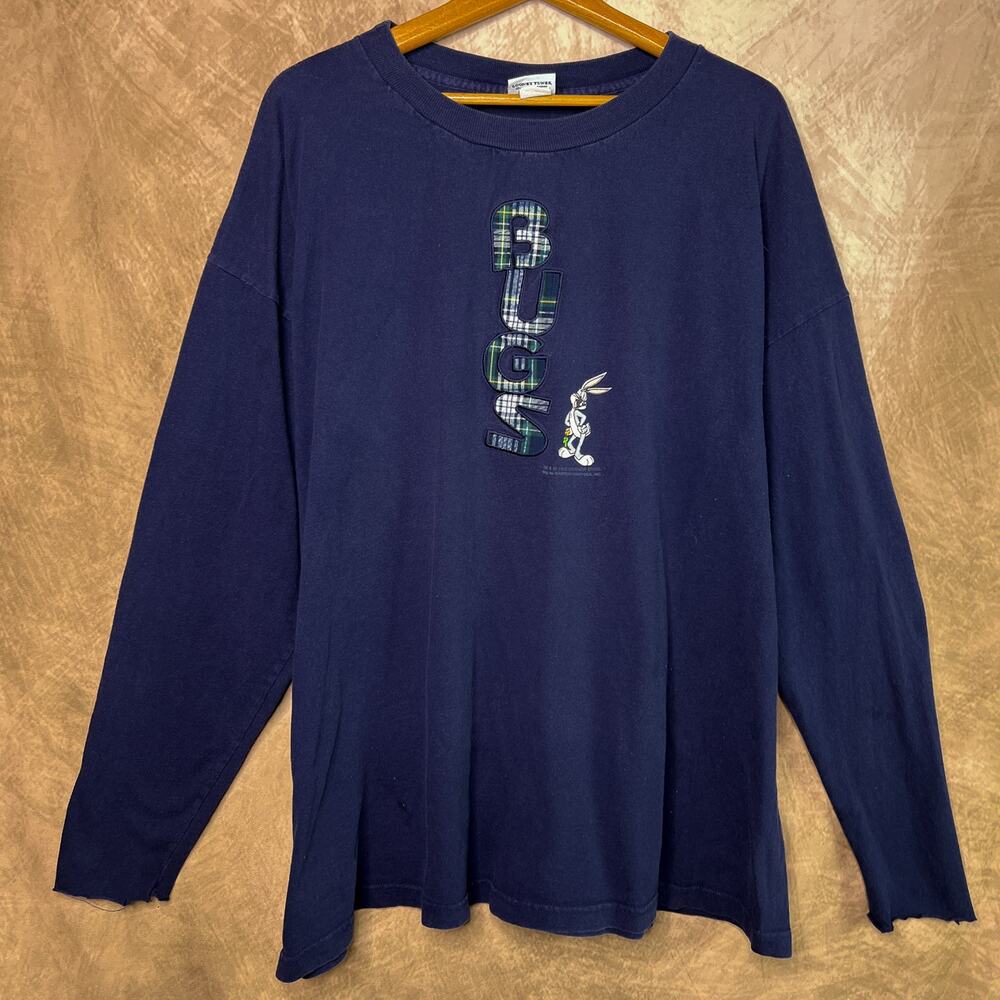 Vintage 90s Looney Tunes Bugs Bunny Plaid Spell Out Long Sleeve Shirt Navy Retro